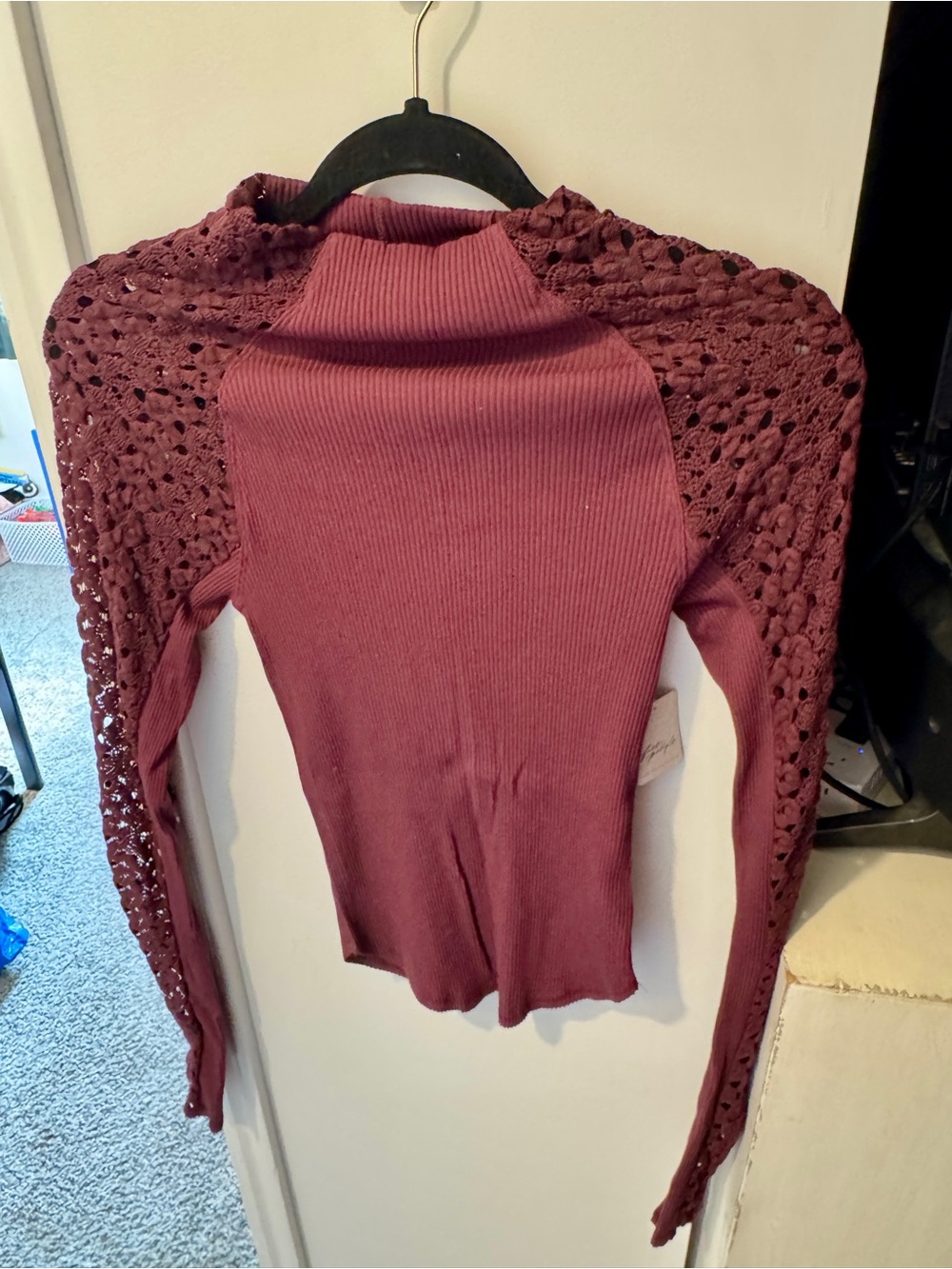 Free People Ribbed Mock Neck Sweater with Crochet Raglan Sleeves - Plum